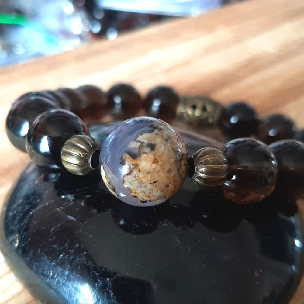 Purple Chalcedony & Smoky Quartz Beaded Stretch Bracelet